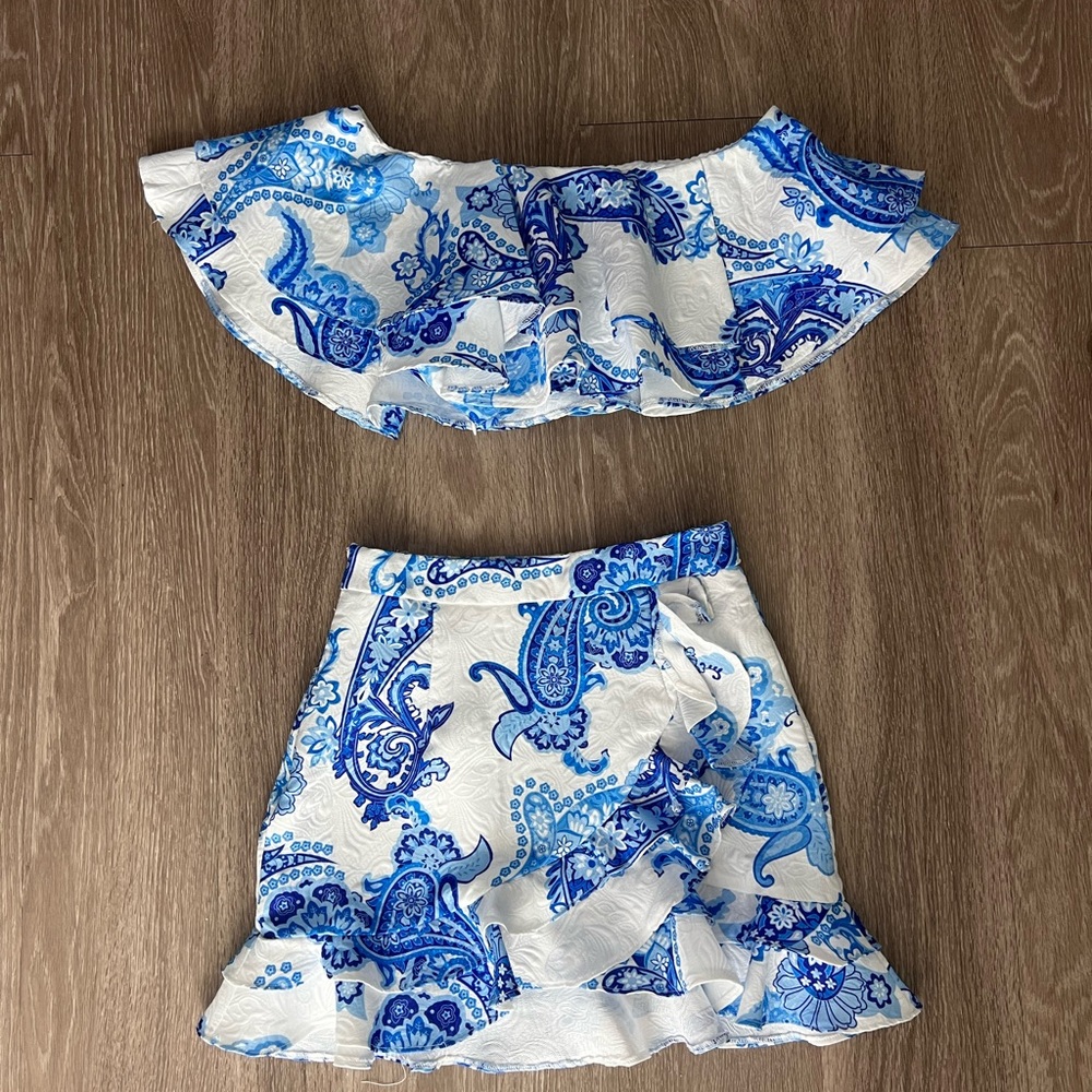 Custom Made Blue and White Paisley Women's Skirt Set
